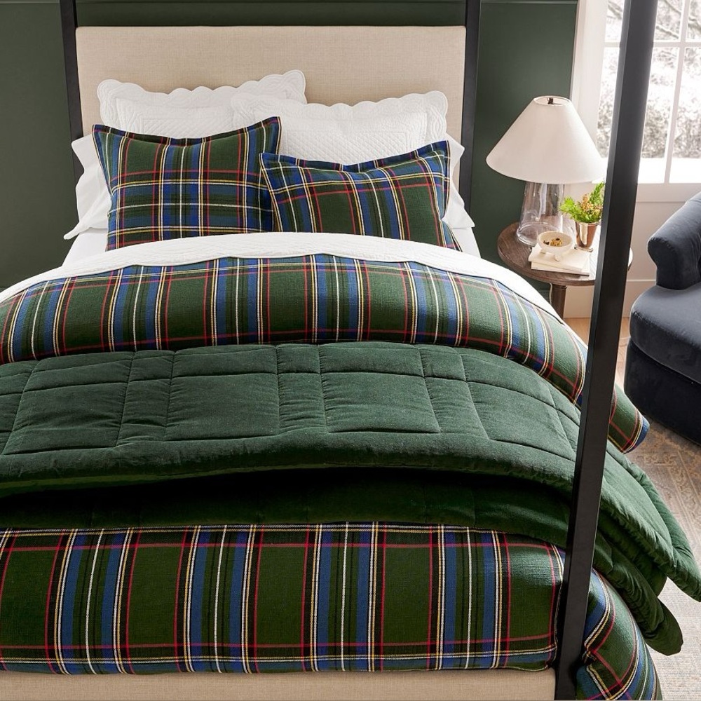 Pottery Barn Stewart Plaid Duvet and Shams in Green Multi Queen - Picture 3 of 11